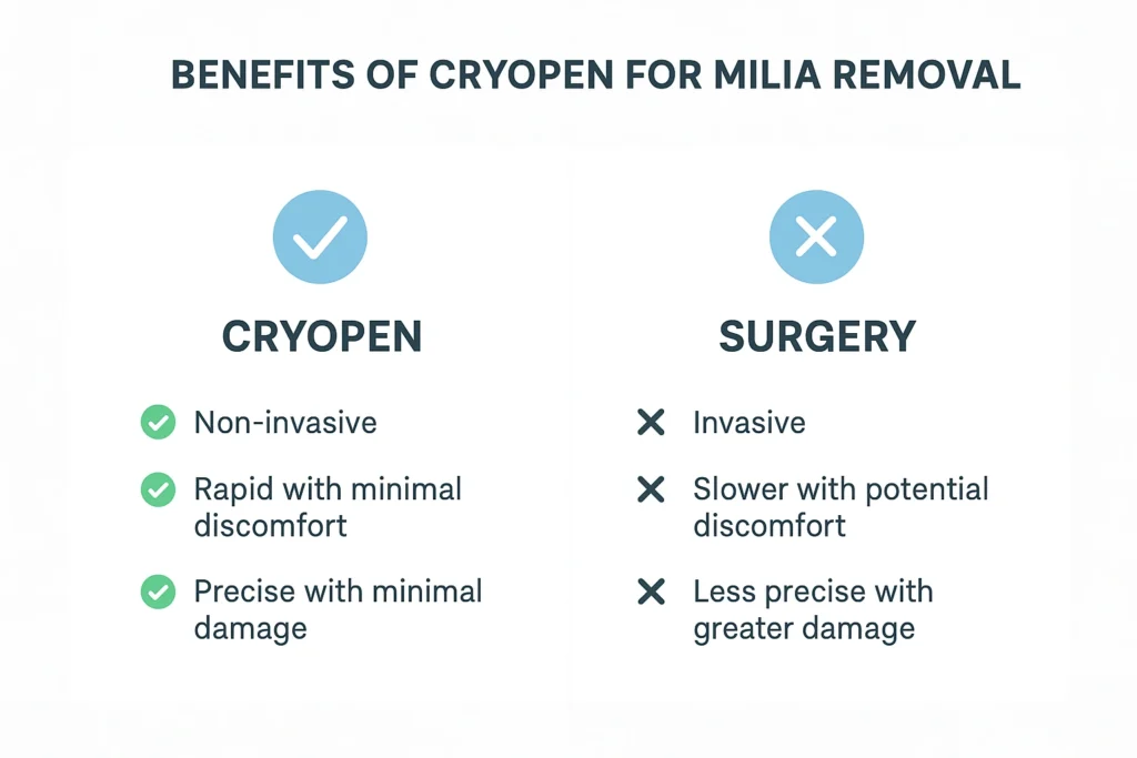 Benefits of cryopen for milia removal Sidcup compared to surgical treatments.