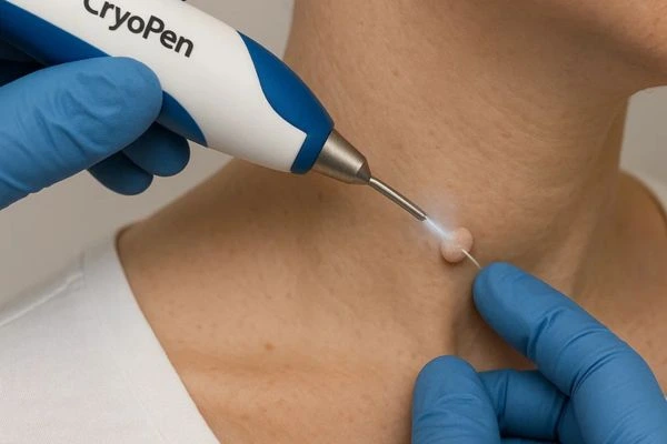 Person receiving cryotherapy Sidcup for skin tag removal
