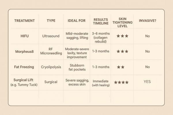 Table showing the comparisons of Skin tightening Sidcup treatment options.